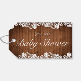 Etiquetas Para Regalos Baby Shower de Madera Rústica y Encaje Blanco