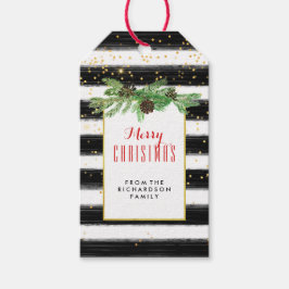 Etiquetas Para Regalos Bandas negras con confetti de oro y cono de pino