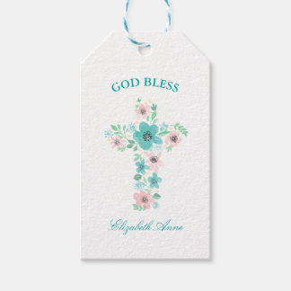 Etiquetas Para Regalos Baptismo Acuarela Cruz de Flores Rosa y Verde azul
