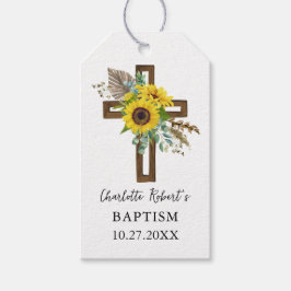 Etiquetas Para Regalos Bautismo de cruz rústica de girasoles y eucalipto 