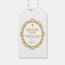 Etiquetas Para Regalos Bautismo de oro blanco, Santa Comunión, gracias