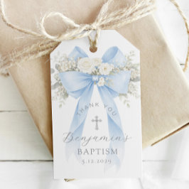 Etiquetas Para Regalos Bautizo de Niño Cruz de Plata con Lazo Floral