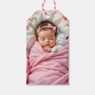 Etiquetas Para Regalos Bebé floral rosa y gatito blanco