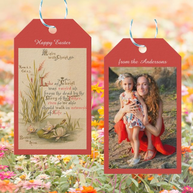 Etiquetas Para Regalos Biblia católica cristiana versus foto Pascua (Religious Christian Catholic Bible Verse Resurrection of Jesus Christ Family Photo Easter Gift Tags)