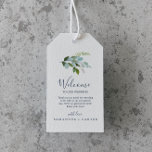 Etiquetas Para Regalos Bienvenida a Boda de Verdor de Verano<br><div class="desc">Estas etiquetas de regalo de bienvenida boda de verano son perfectas para un elegante boda de verano. El diseño botánico presenta una disposición exuberante de eucalipto de acuarela pintada, vegetación y hojas verdes con sutiles brotes de flores rosa rubor. Personalice las etiquetas con la ubicación de su boda, una breve...</div>