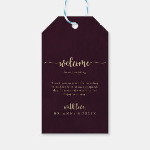 Etiquetas Para Regalos Bienvenida Boda de caligrafía de borgoña de oro