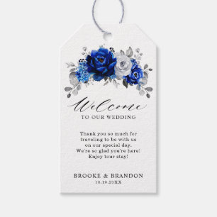 Etiquetas Para Regalos Bienvenida floral metálica de plata blanca azul re