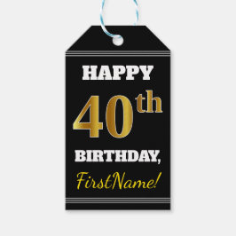 Etiquetas Para Regalos Black, Faux Gold 40th Birthday + Custom Name