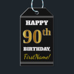 Etiquetas Para Regalos Black, Faux Gold 90th Birthday   Custom Name<br><div class="desc">El diseño de esta etiqueta de regalo de cumpleaños incluye un mensaje como "¡FELIZ 90º CUMPLEAÑOS, nombre!", donde el nombre puede ser personalizado, y donde el número "90º" tiene un aspecto de color falso/imitación de color dorado. En la parte delantera también hay un fondo de color negro. En la parte...</div>