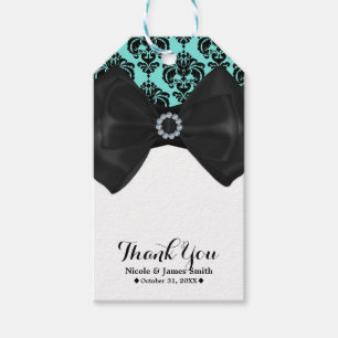 Etiquetas Para Regalos Bling Bow Glam Damask Azul y Negro Fiesta Sweet 16