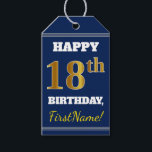 Etiquetas Para Regalos Blue, Faux Gold 18th Birthday   Custom Name<br><div class="desc">El diseño de esta etiqueta de regalo de cumpleaños incluye un mensaje como "¡FELIZ 18º CUMPLEAÑOS, nombre!", donde el nombre se puede personalizar, y donde el número "18º" tiene un aspecto de color falso/imitación dorado. En la parte delantera hay un fondo de color azul. En la parte posterior aparece una...</div>