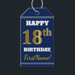 Etiquetas Para Regalos Blue, Faux Gold 18th Birthday   Custom Name<br><div class="desc">El diseño de esta etiqueta de regalo de cumpleaños incluye un mensaje como "¡FELIZ 18º CUMPLEAÑOS, nombre!", donde el nombre se puede personalizar, y donde el número "18º" tiene un aspecto de color falso/imitación dorado. En la parte delantera hay un fondo de color azul. En la parte posterior aparece una...</div>