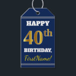 Etiquetas Para Regalos Blue, Faux Gold 40th Birthday   Custom Name<br><div class="desc">El diseño de esta etiqueta de regalo de cumpleaños incluye un mensaje como "¡FELIZ CUMPLEAÑOS 40, nombre!", donde el nombre se puede personalizar, y donde el número "40" tiene un aspecto de color falso/imitación dorado. En la parte delantera hay un fondo de color azul. En la parte posterior aparece una...</div>