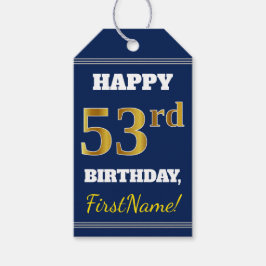 Etiquetas Para Regalos Blue, Faux Gold 53rd Birthday + Custom Name