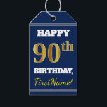 Etiquetas Para Regalos Blue, Faux Gold 90th Birthday   Custom Name<br><div class="desc">El diseño de esta etiqueta de regalo de cumpleaños incluye un mensaje como "¡FELIZ 90º CUMPLEAÑOS, nombre!", donde el nombre puede ser personalizado, y donde el número "90º" tiene un aspecto de color falso/imitación de color dorado. En la parte delantera hay un fondo de color azul. En la parte posterior...</div>
