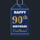 Etiquetas Para Regalos Blue, Faux Gold 90th Birthday   Custom Name<br><div class="desc">El diseño de esta etiqueta de regalo de cumpleaños incluye un mensaje como "¡FELIZ 90º CUMPLEAÑOS, nombre!", donde el nombre puede ser personalizado, y donde el número "90º" tiene un aspecto de color falso/imitación de color dorado. En la parte delantera hay un fondo de color azul. En la parte posterior...</div>