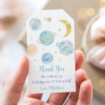 Etiquetas Para Regalos Blue Pastel Two the Moon Space Birthday Gracias<br><div class="desc">Este diseño adorable presenta planetas acuarelas pintadas a mano con estrellas de Relieve metalizado de oro falsas.</div>