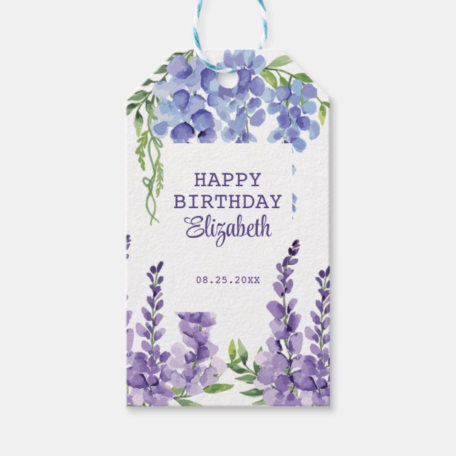 Etiquetas Para Regalos Blue Purple Wisteria Floral Greeneration Cumpleaño (Anverso)