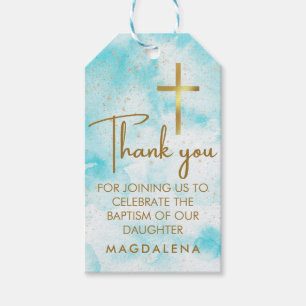 Etiquetas Para Regalos Blue Watercolor Gold Cross Baptism Gracias A Favor