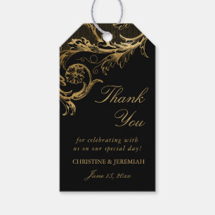 Etiquetas Para Regalos Boda de guiones de Damasco Floral de oro negro vin