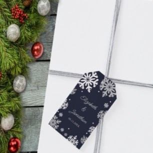 Etiquetas Para Regalos Boda de invierno con copas de nieve azul de la mar