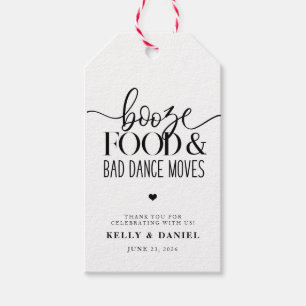 Etiquetas Para Regalos Booze Food and Bad Dance mueve invitación a la bod