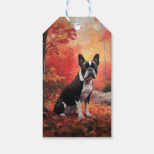 Etiquetas Para Regalos Boston Terrier en otoño hojas caídas inspiran