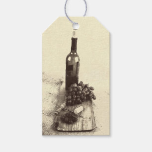 Etiquetas Para Regalos Botella de vino, uvas, tabla de cortar y