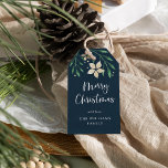 Etiquetas Para Regalos Bright Boughs Holiday<br><div class="desc">Festive Christmas gift tags feature "Merry Christmas" in white calligraphy script lettering accented with cream ivory watercolor poinsettia flowers and green botanical foliage on a midnight blue background. Personalize with your names or custom greeting beneath. Blank on reverse side for hand-writing your gift recipient's name.</div>