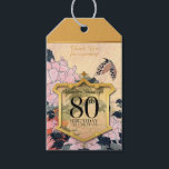 Etiquetas Para Regalos Butterfly Peonies 80th Birthday Gracias GTag<br><div class="desc">Mariposa y Peonías de Hokusai un marco dorado (estilo escudo de armas) con grandes números negros 80 y "Celebración del Cumpleaños" (no personalizable). Diseño en etiqueta de regalo con nombre para personalizar. Disponible para la celebración de cumpleaños número 90 y 70. — Sólo el nombre delante y atrás es personalizable....</div>