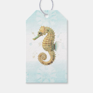 Etiquetas Para Regalos Caballito de mar azul turquesa y dorado acuarela p
