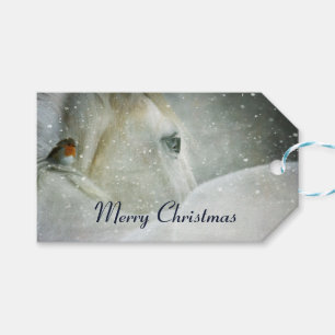 Etiquetas Para Regalos Caballo blanco y pájaro en Navidades de la nevada