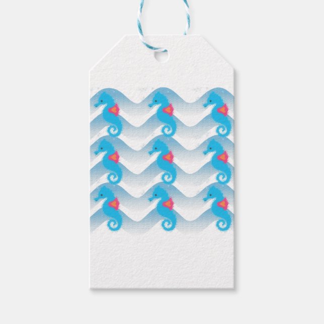 Etiquetas Para Regalos Caballos De Mar Y Patrón De Ondas Azules (Anverso)