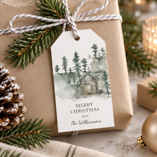 Etiquetas Para Regalos Cabaña Rústica Verde Bosque Navidad Personalizada