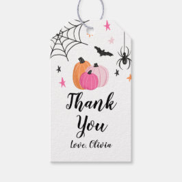Etiquetas Para Regalos Calabazas de Halloween rosadas, arañas, cumpleaños