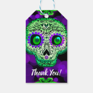 Etiquetas Para Regalos Calavera de Azúcar Verde y Morado con Luces para F