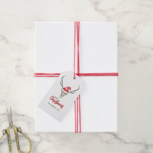 Etiquetas Para Regalos Calavera de renos y Santa Hat en el campo ruso