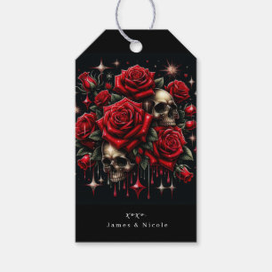 Etiquetas Para Regalos Calaveras doradas y rosas rojas brillan con glamou