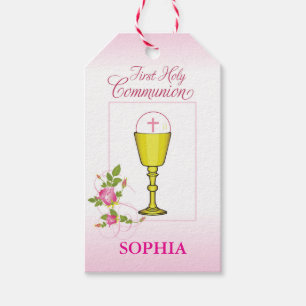 Etiquetas Para Regalos Cáliz de Primera Comunión Santo Rosas Rosadas Niña