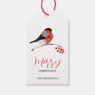 Etiquetas Para Regalos Camachuelo y bayas rojas de Serbal, ¡Feliz Navidad