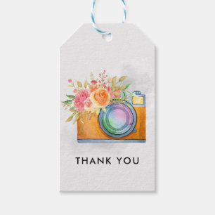 Etiquetas Para Regalos Cámara Boho Naranja y acuarela con buquet floral