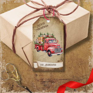 Etiquetas Para Regalos Camión de recolección rojo retro vintage Feliz Nav