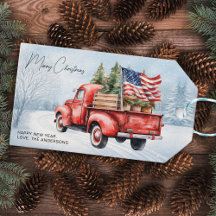 Camión Rojo Vintage de Navidad Bandera USA Patriót