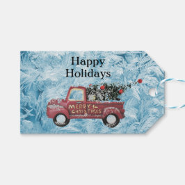 Etiquetas Para Regalos camión rojo vintage sobre un fondo de copos de nie