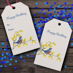 Etiquetas Para Regalos Canta pájaro azul y rojo en la rama Flores amarill