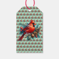 Cardenal en rama de pino con bayas de invierno