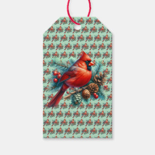 Etiquetas Para Regalos Cardenal en rama de pino con bayas de invierno