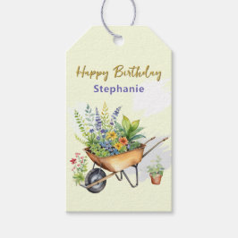 Etiquetas Para Regalos Carretilla de jardín con flores Feliz Cumpleaños