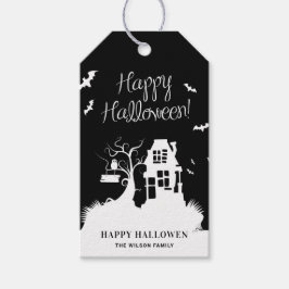 Etiquetas Para Regalos Casa Embrujada de Halloween de Blanco y Negro Fies