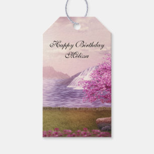 Etiquetas Para Regalos Cascadas y cerezos alrededor de un cumpleaños en e